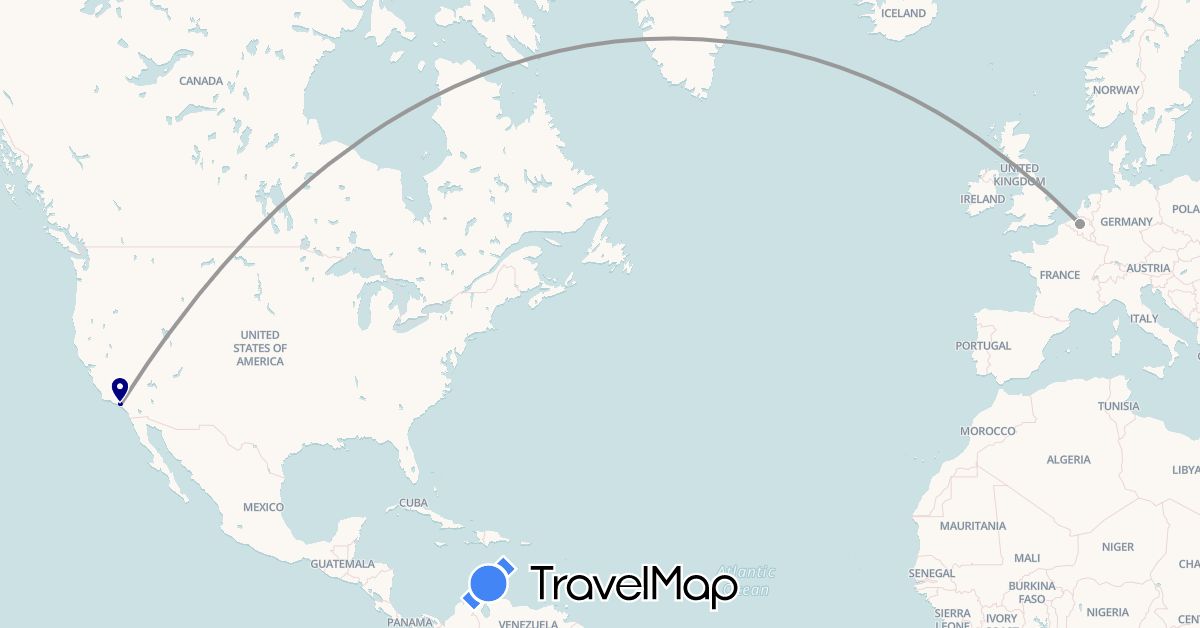 TravelMap itinerary: driving, plane in Belgium, United States (Europe, North America)